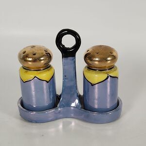 Lusterware Salt & Pepper Shakers W/ Holder Vintage Japan Blue Yellow Brass